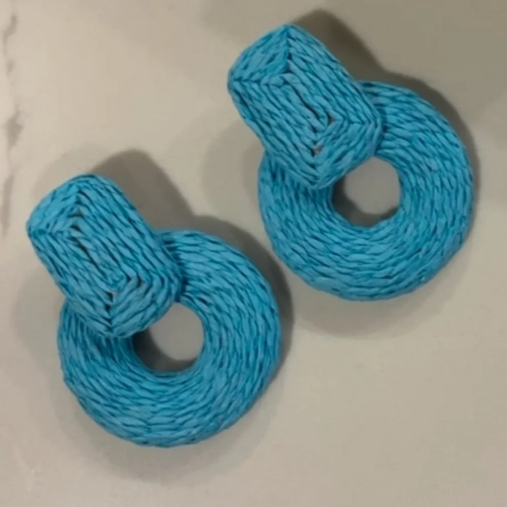 Boho Wrapped Raffia Door Knocker Earrings Blue Statement Show Stopper